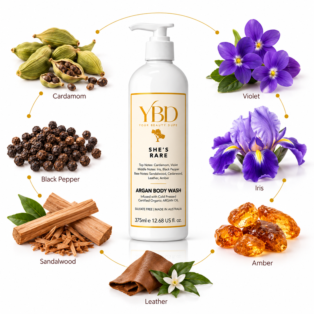 Your Beauty Dupe x Silk Oil of Morocco - She's Rare Argan Body Wash - Inspired by Santal 33 Le Labo
