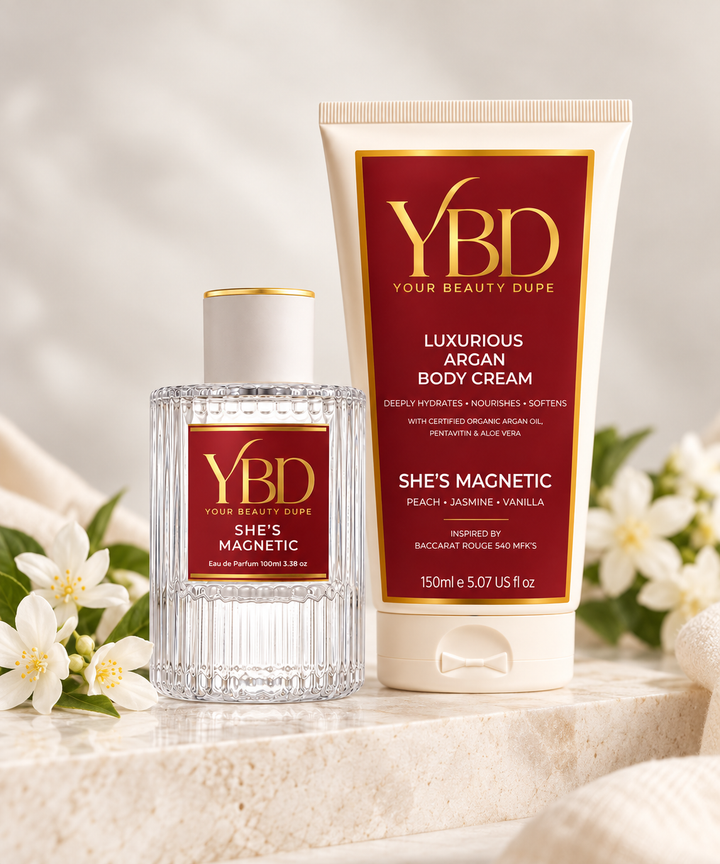 Your Beauty Dupe x Silk Oil of Morocco - The Indulgence Duo- She’s Magnetic Perfume — Inspired by Baccarat Rouge 540 MFK’s